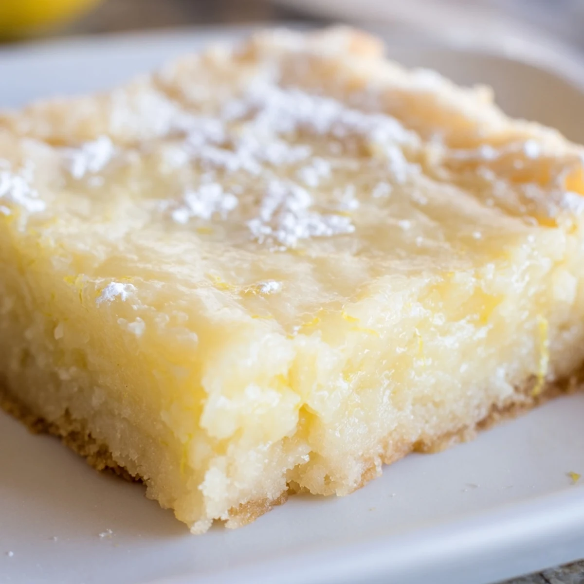 Warm lemon gooey butter cake bars served on a white plate with fresh berries