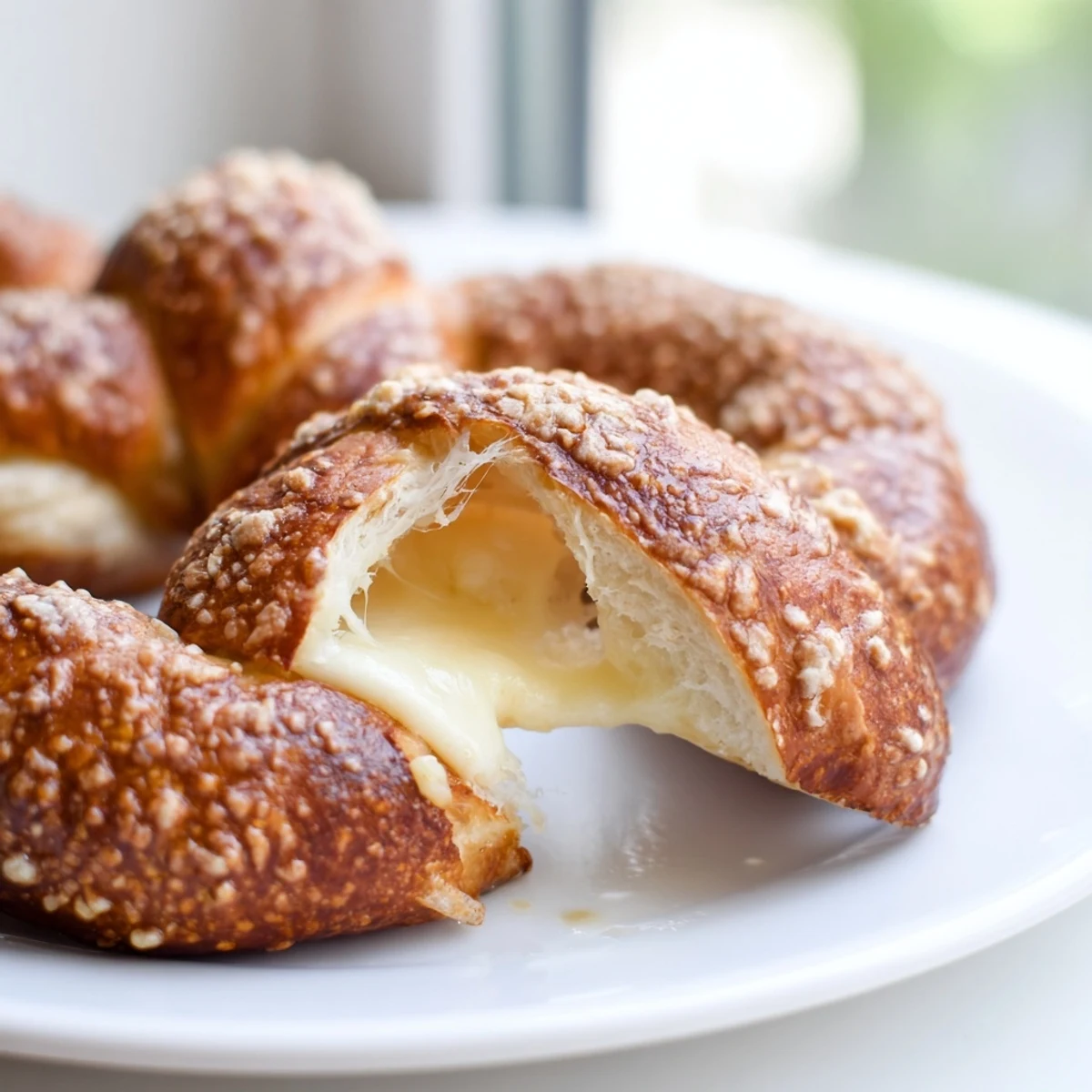 Golden brown mozzarella stuffed soft pretzels with coarse salt on a rustic wooden cutting board
