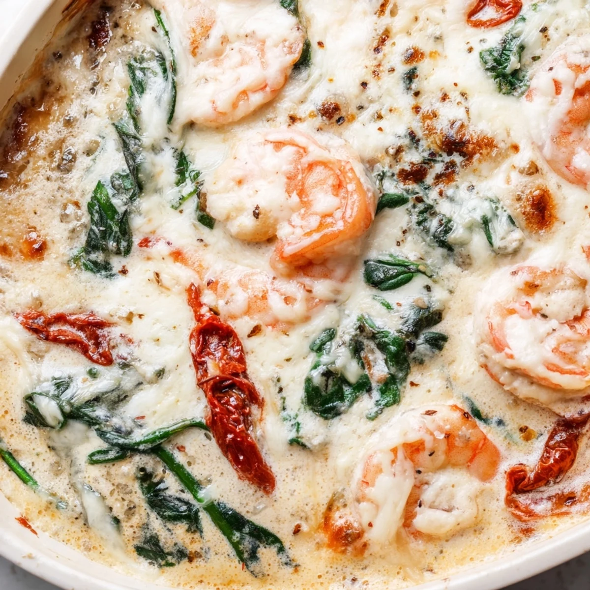 Creamy Low Carb Shrimp Tuscan Bake with melted mozzarella and sun-dried tomatoes in cast iron skillet