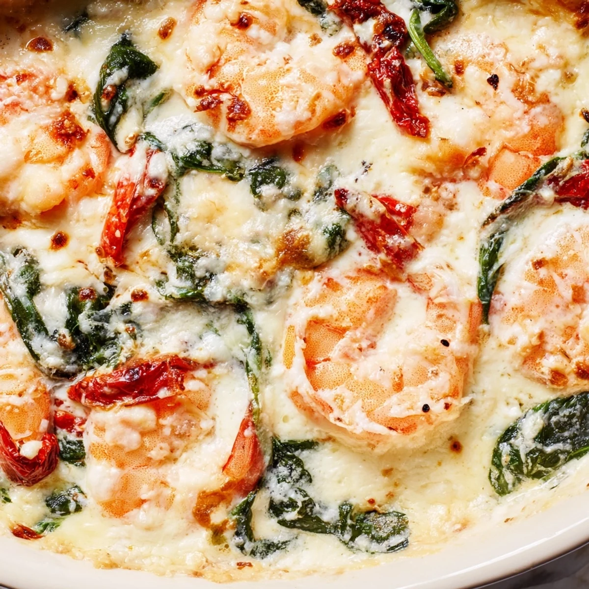 Golden bubbly Low Carb Shrimp Tuscan Bake served in white baking dish with fresh spinach