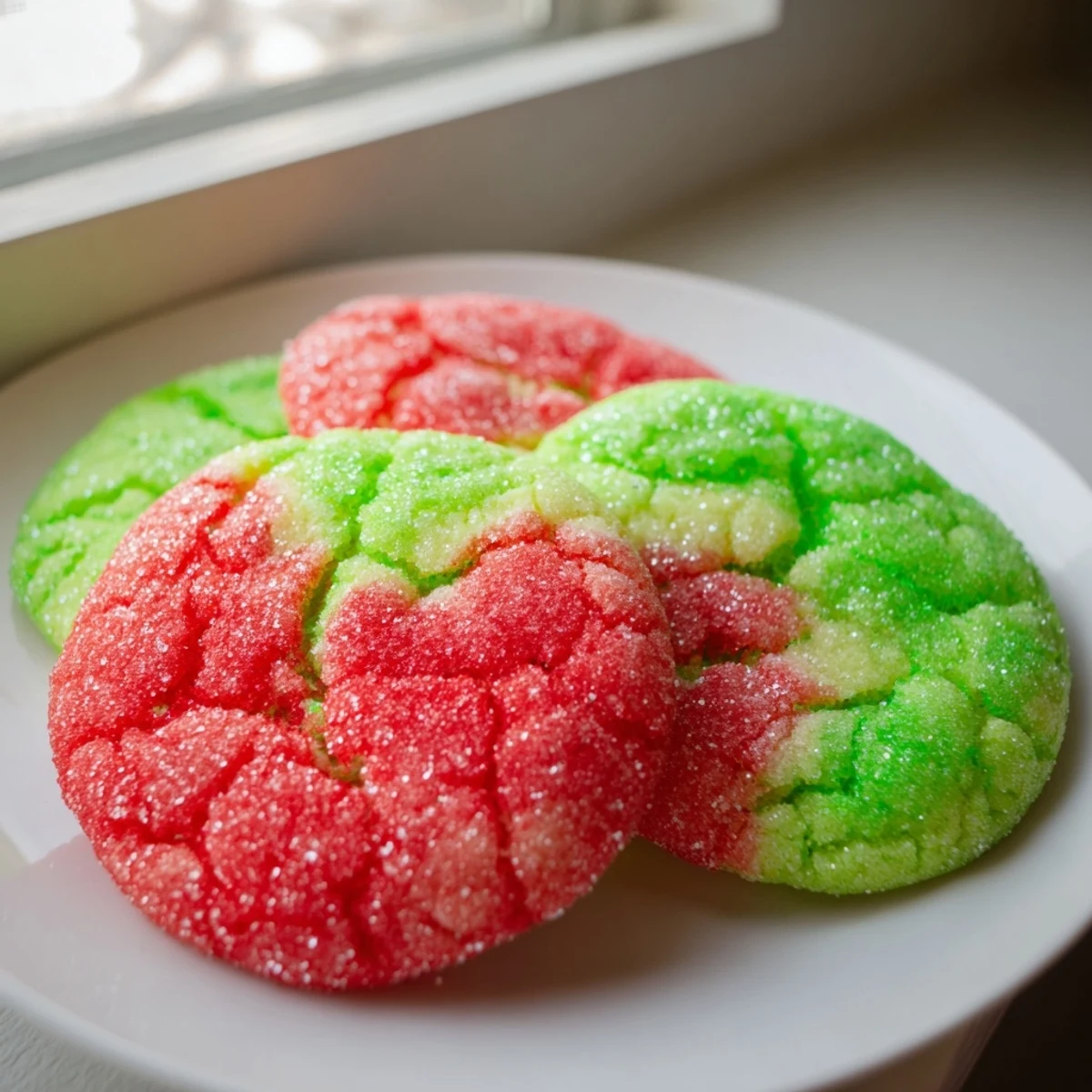Soft chewy Jello sugar cookies with vibrant pastel colors on a white platter