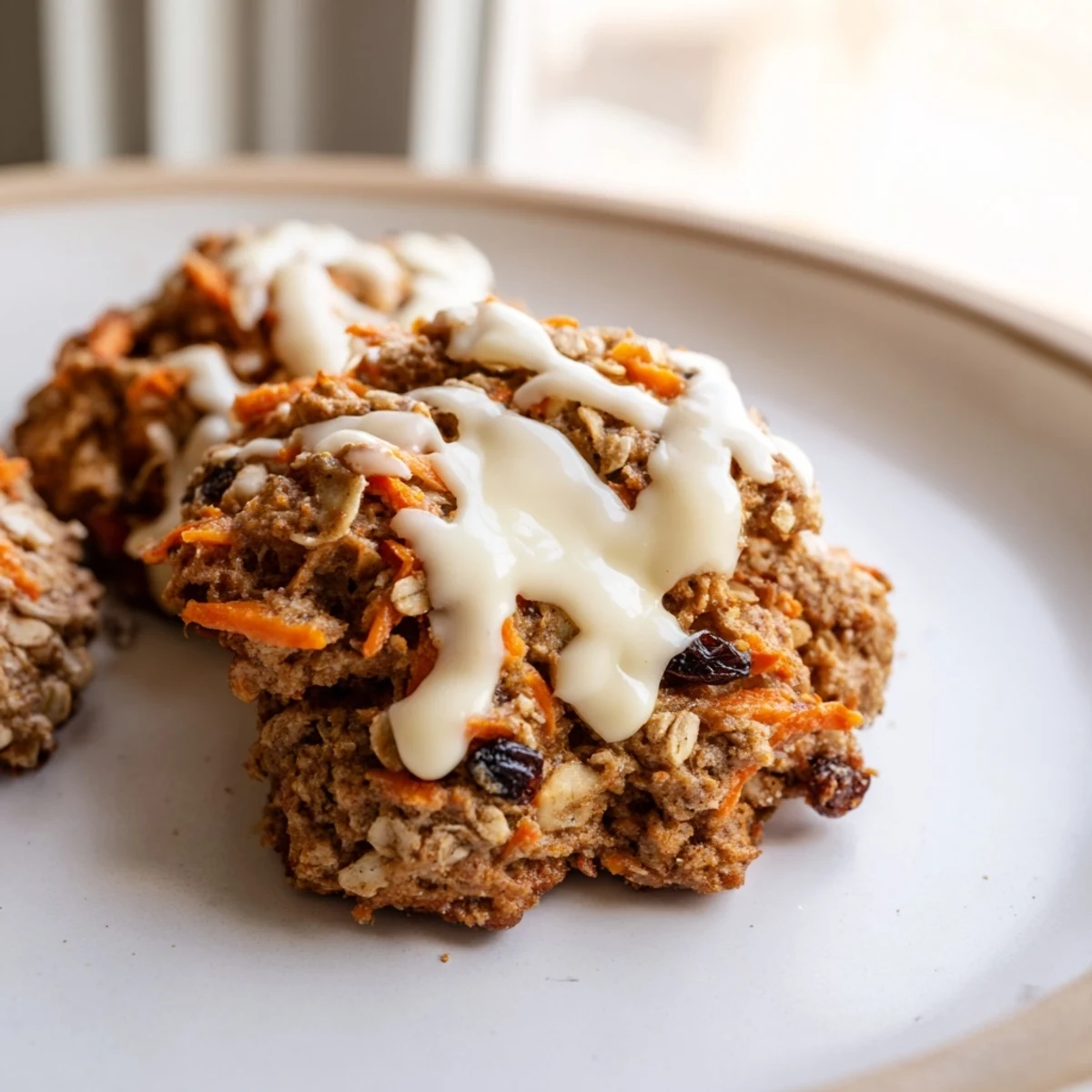 Soft carrot cake cookies with sweet cream cheese drizzle on a rustic wooden board