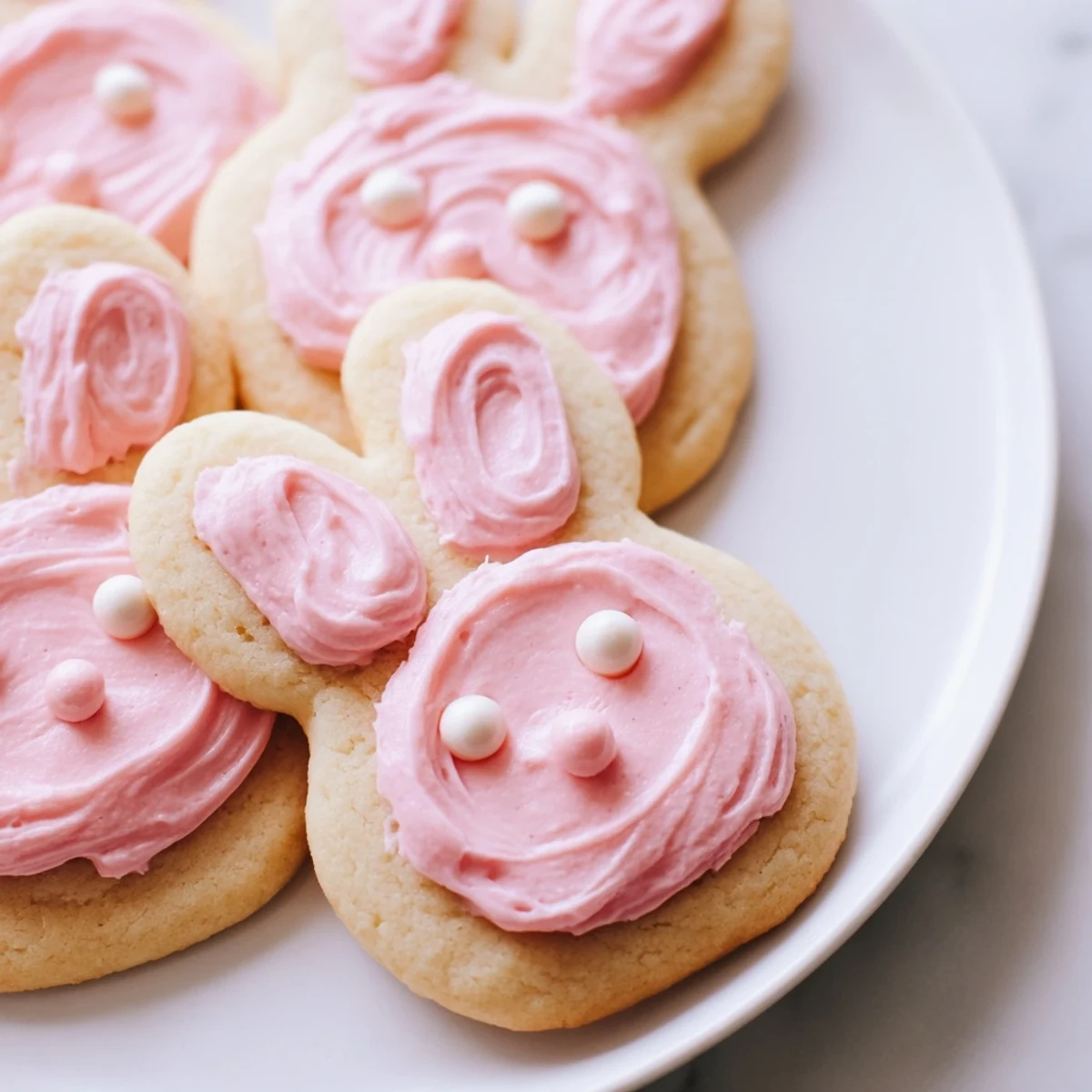 Adorable Buttercream Bunny Cookies with swirled pastel frosting on a rustic wooden serving board