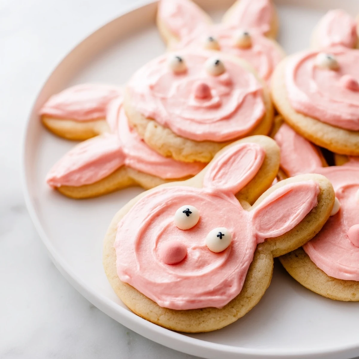 Soft bunny-shaped sugar cookies topped with silky buttercream frosting in delicate spring colors