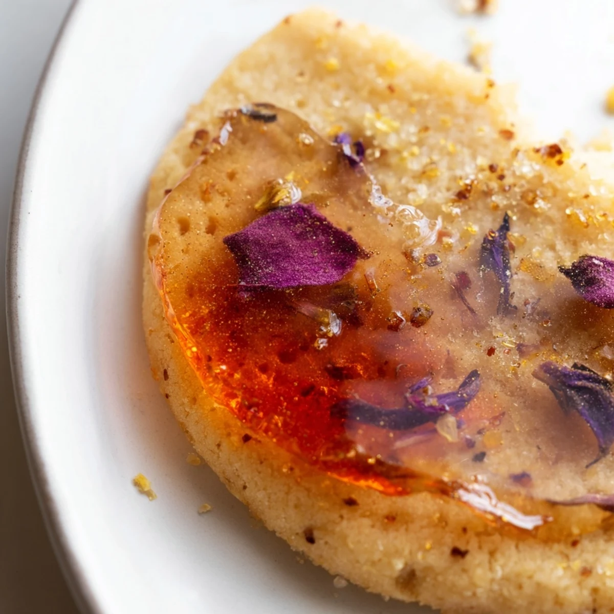 Earl Grey Stained Glass Floral Cookies with colorful translucent candy centers and pressed edible blossoms arranged on a rustic surface