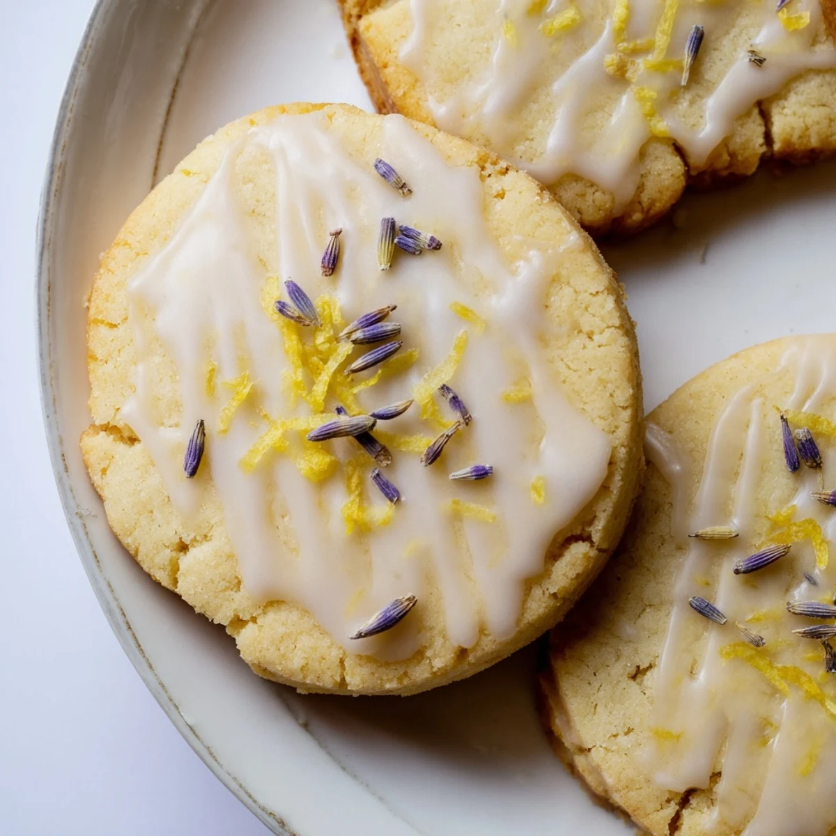 Iced lemon lavender shortbread cookies with glossy icing drizzled on golden buttery rounds