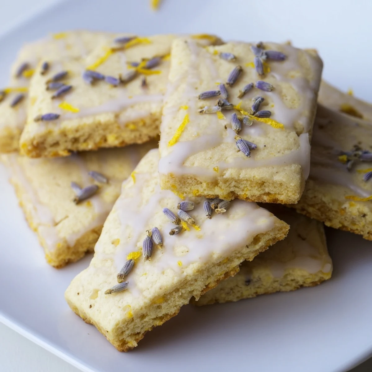 Delicate lavender shortbread cookies topped with sweet lemon glaze and aromatic purple buds