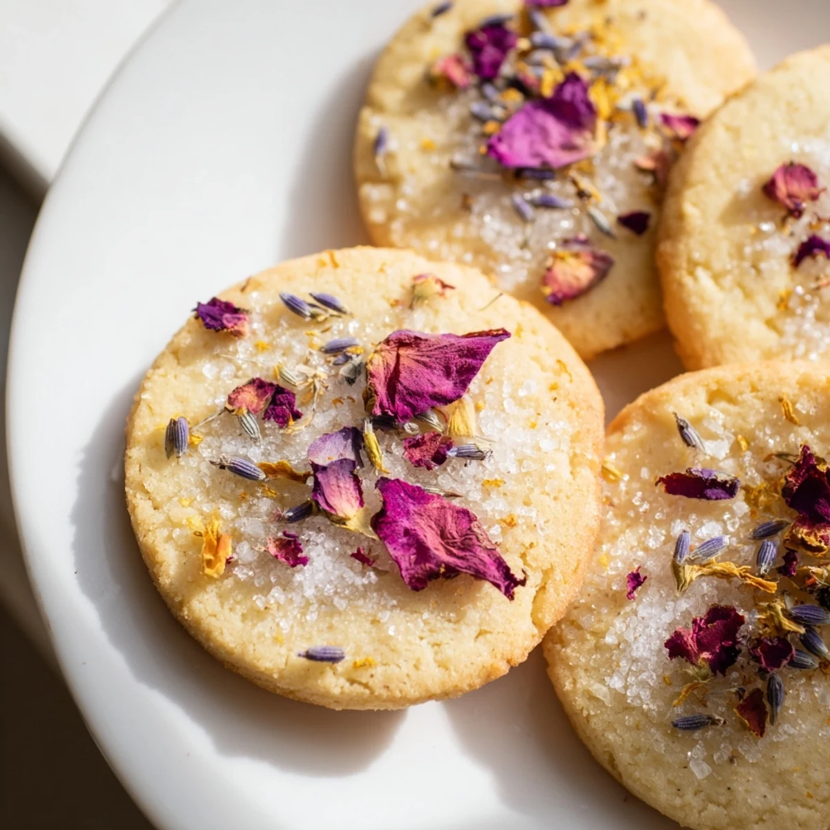 Golden Spring Blossom Cookies topped with colorful edible flowers on a rustic white ceramic plate