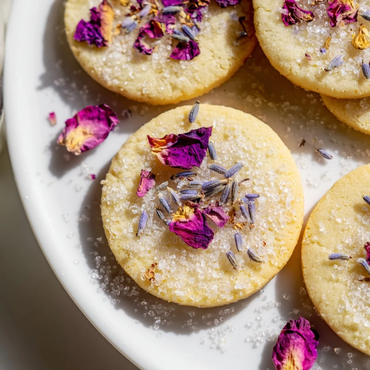 Buttery Spring Blossom Cookies cooling on a wire rack with delicate pink and purple floral garnishes
