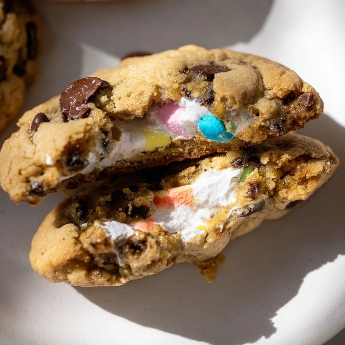 Golden chocolate chip Peep stuffed Easter cookies with gooey marshmallow centers on rustic baking sheet