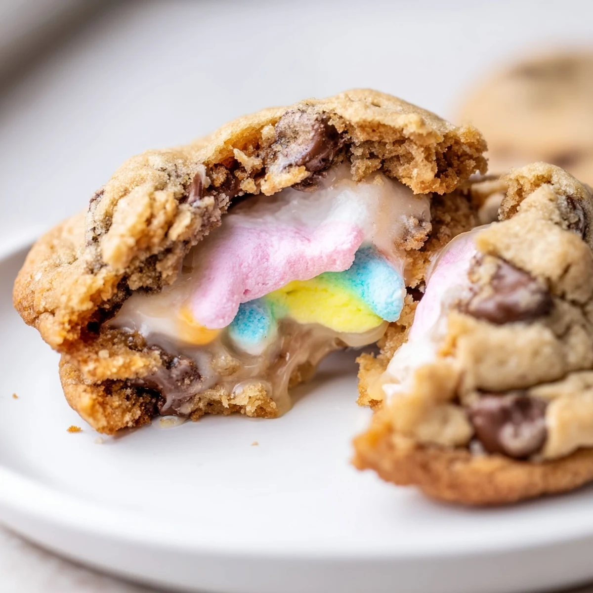 Soft chocolate chip Peep stuffed Easter cookies revealing colorful melted marshmallow surprise inside