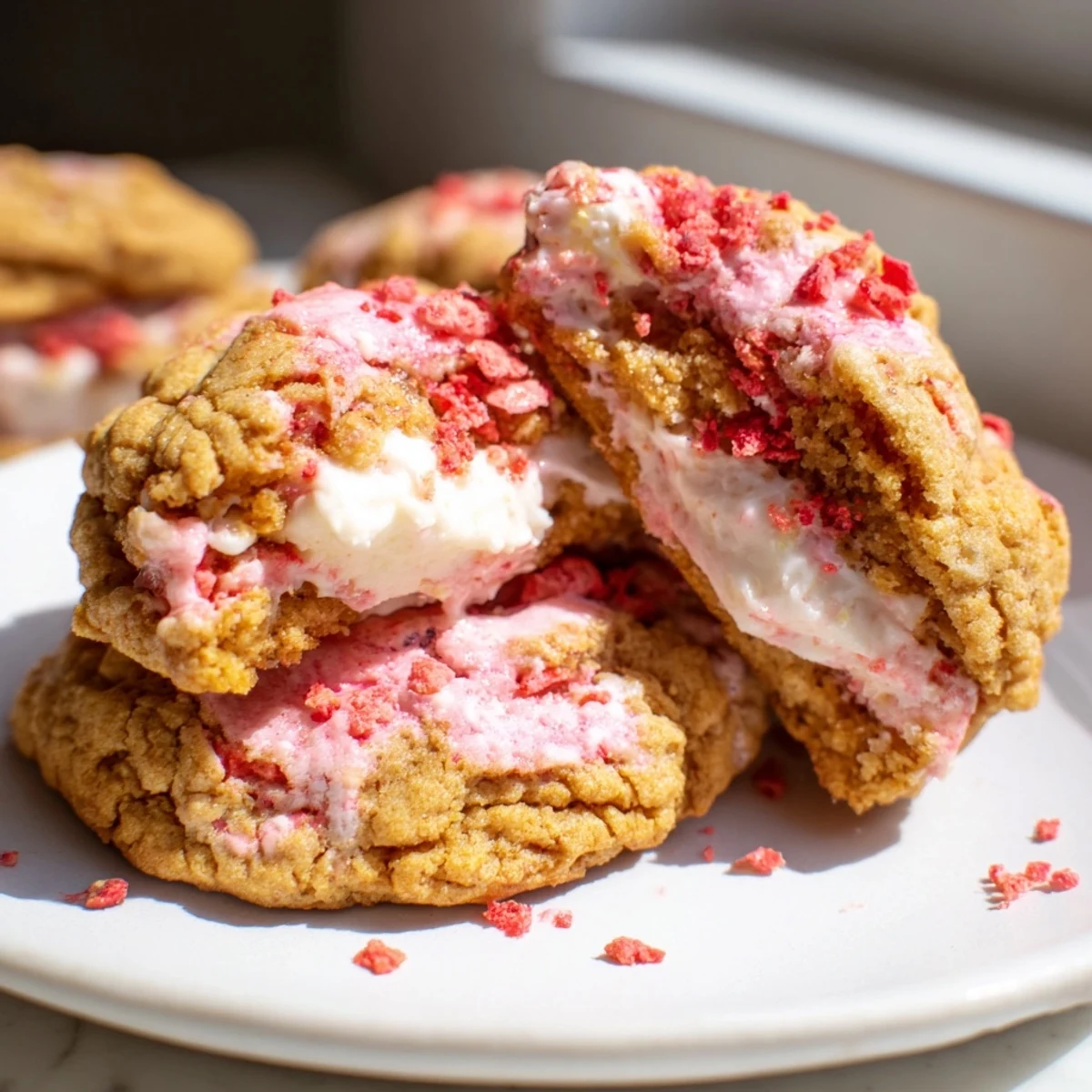 Soft Strawberry Cheesecake Cookies with golden edges and creamy cheesecake filling peeking through pink-flecked dough