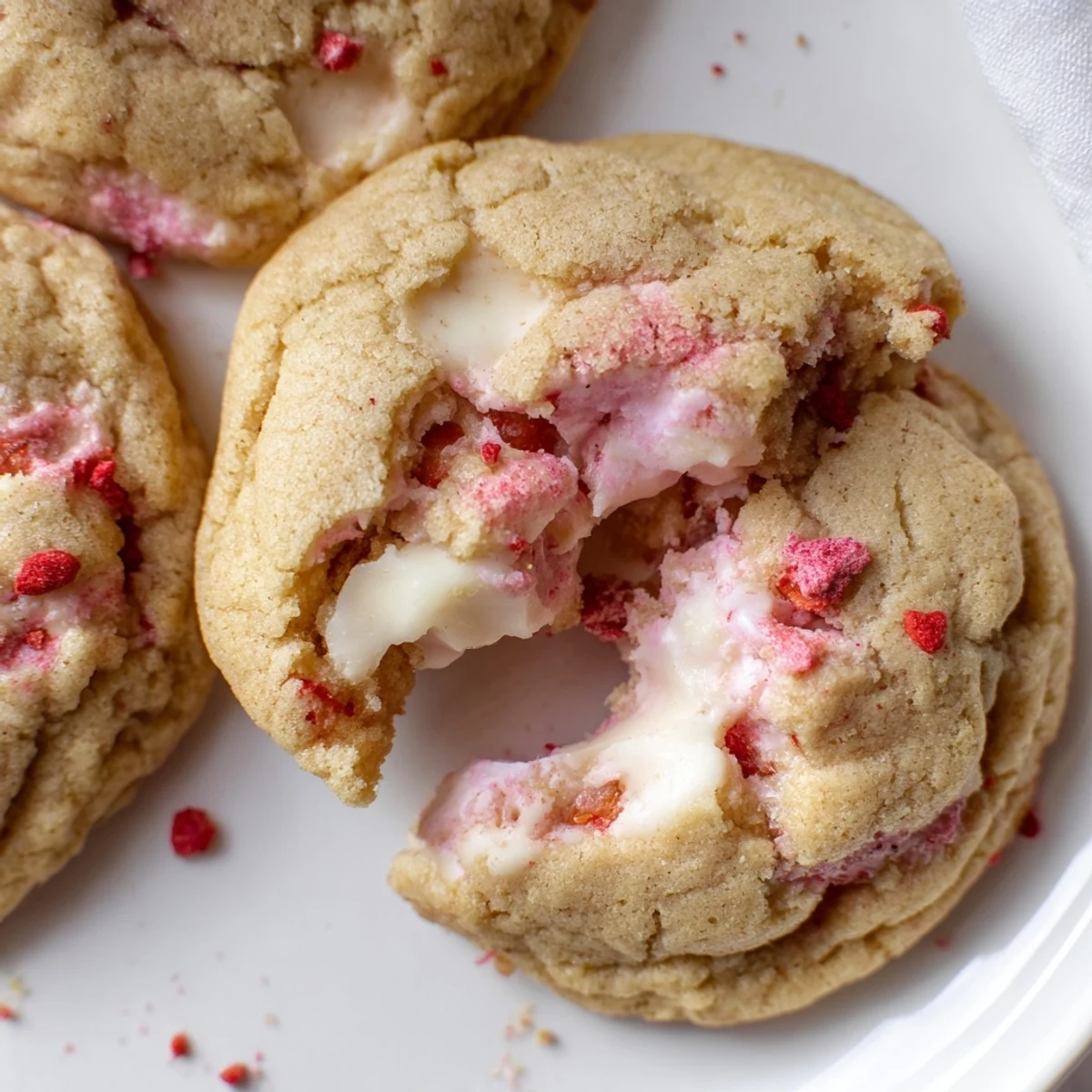 Chewy Strawberry Cheesecake Cookies arranged on a rustic baking sheet with bits of dried berries throughout