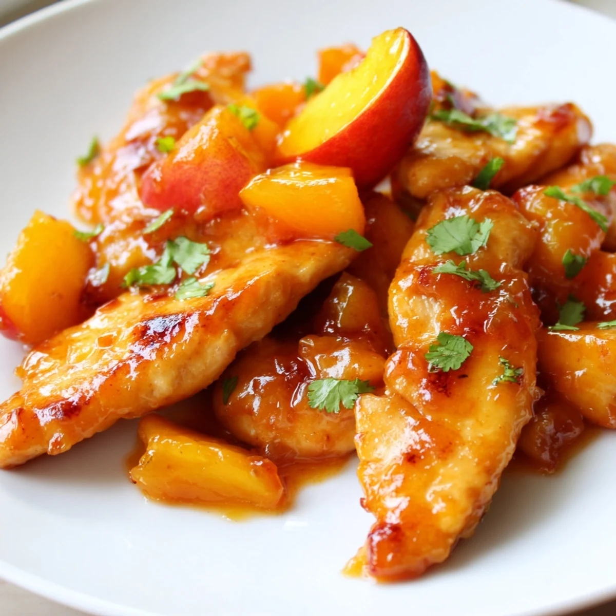 Golden seared Jalapeno Peach Chicken glazed with sweet-spicy sauce and fresh herbs on a white plate