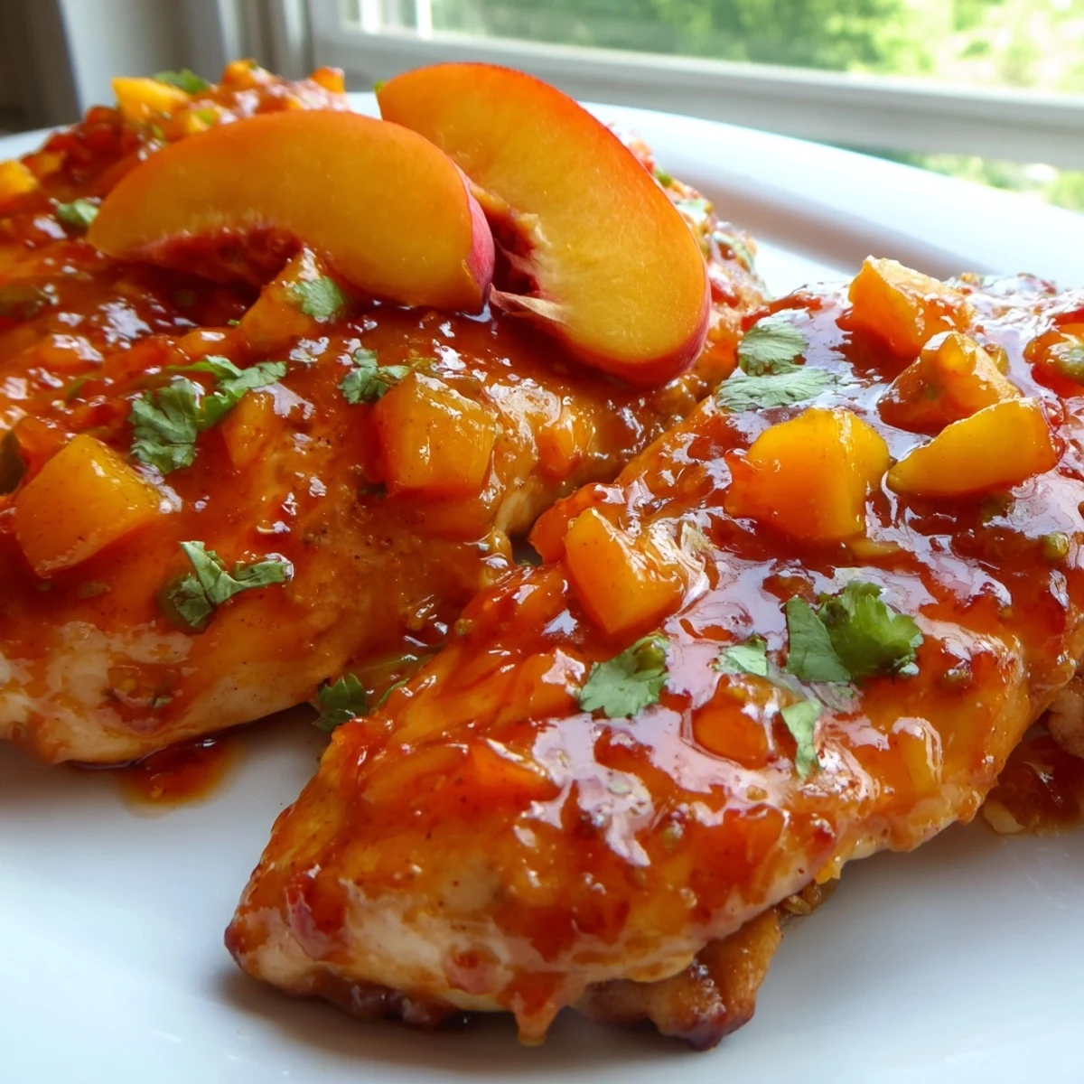 Juicy Jalapeno Peach Chicken with caramelized peach slices and glossy sauce in a cast iron skillet