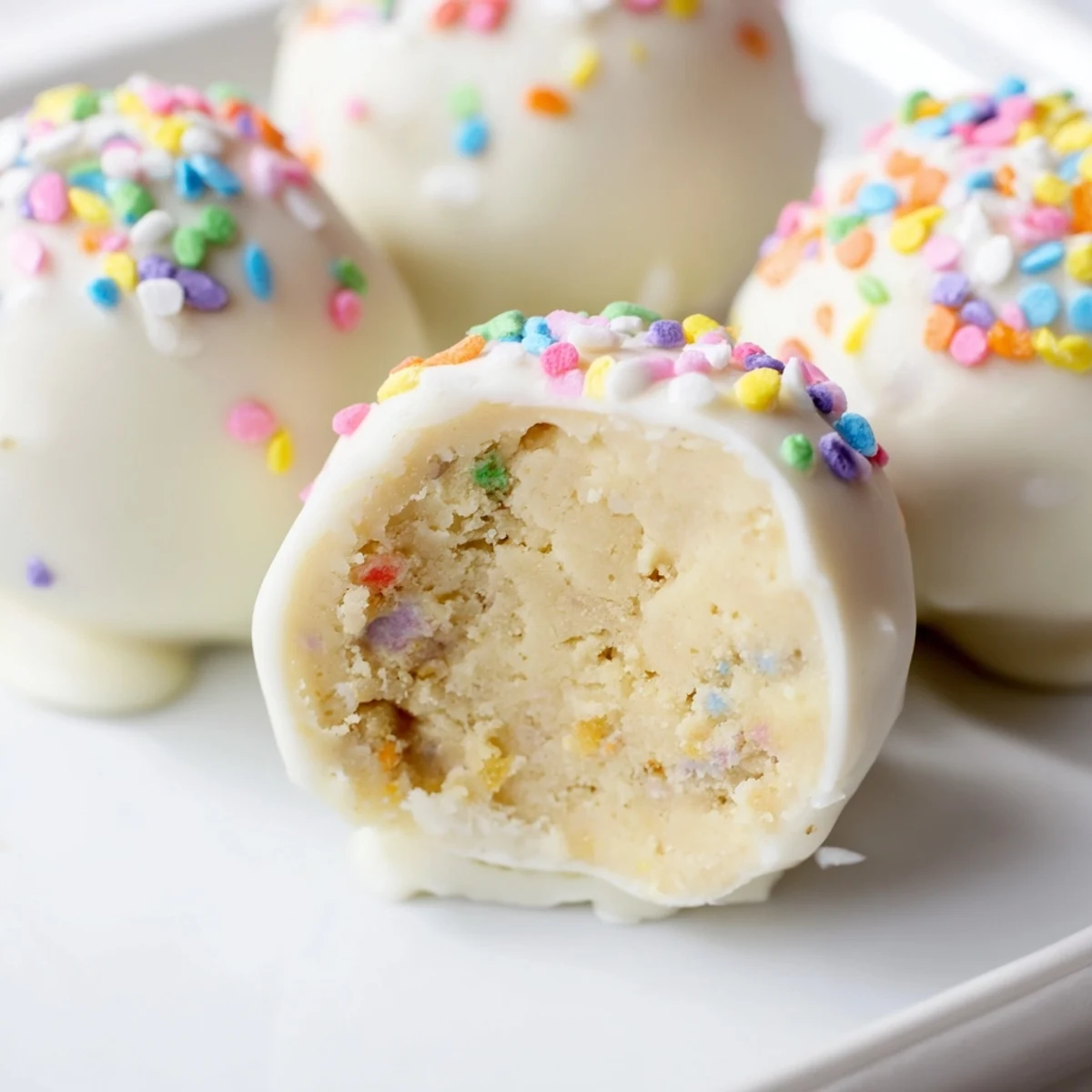 Creamy banana pudding Easter truffles coated in white chocolate with colorful sprinkles