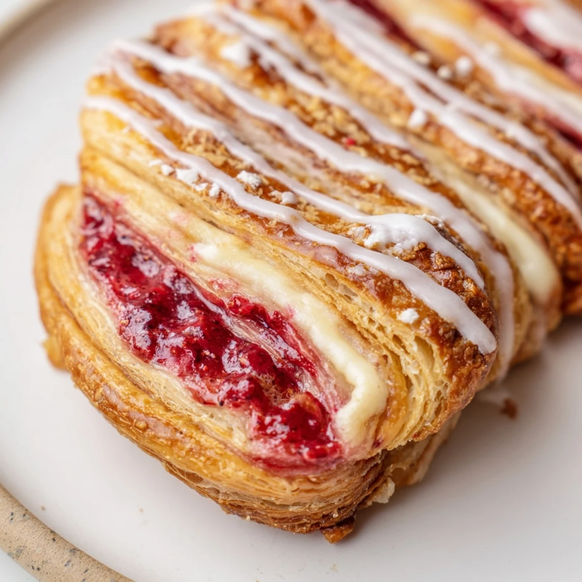 Golden Sourdough Discard Raspberry Cream Cheese Danishes drizzled with sweet vanilla glaze on a rustic plate