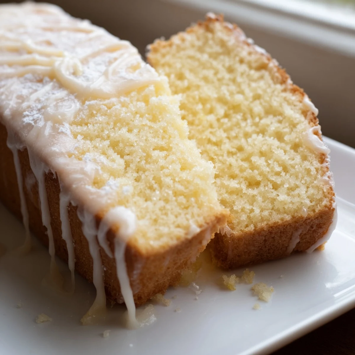 Golden church cake with vanilla glaze drizzled over a moist, tender sponge slice