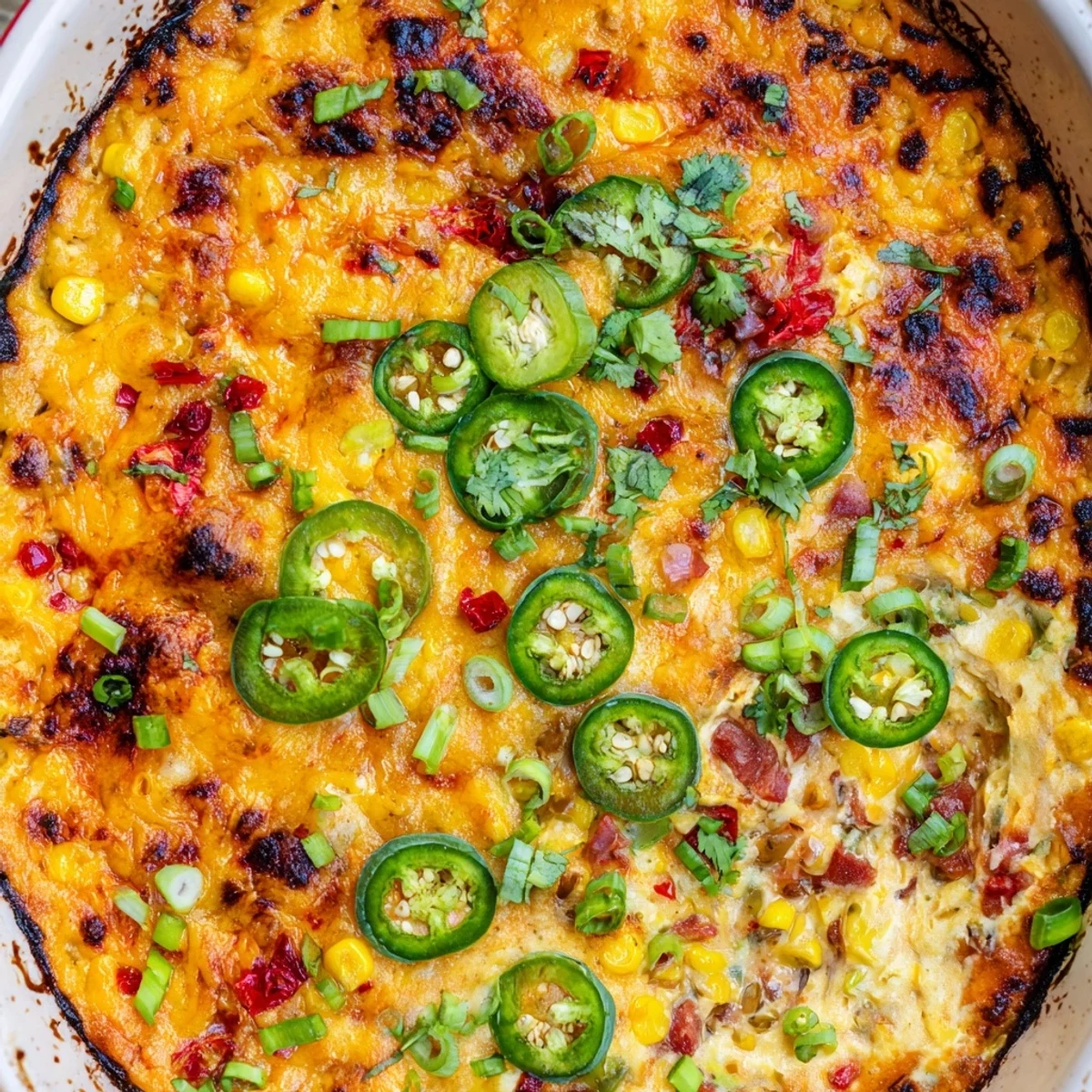 Creamy spicy roasted jalapeno cowboy cream cheese dip served bubbling in a rustic baking dish