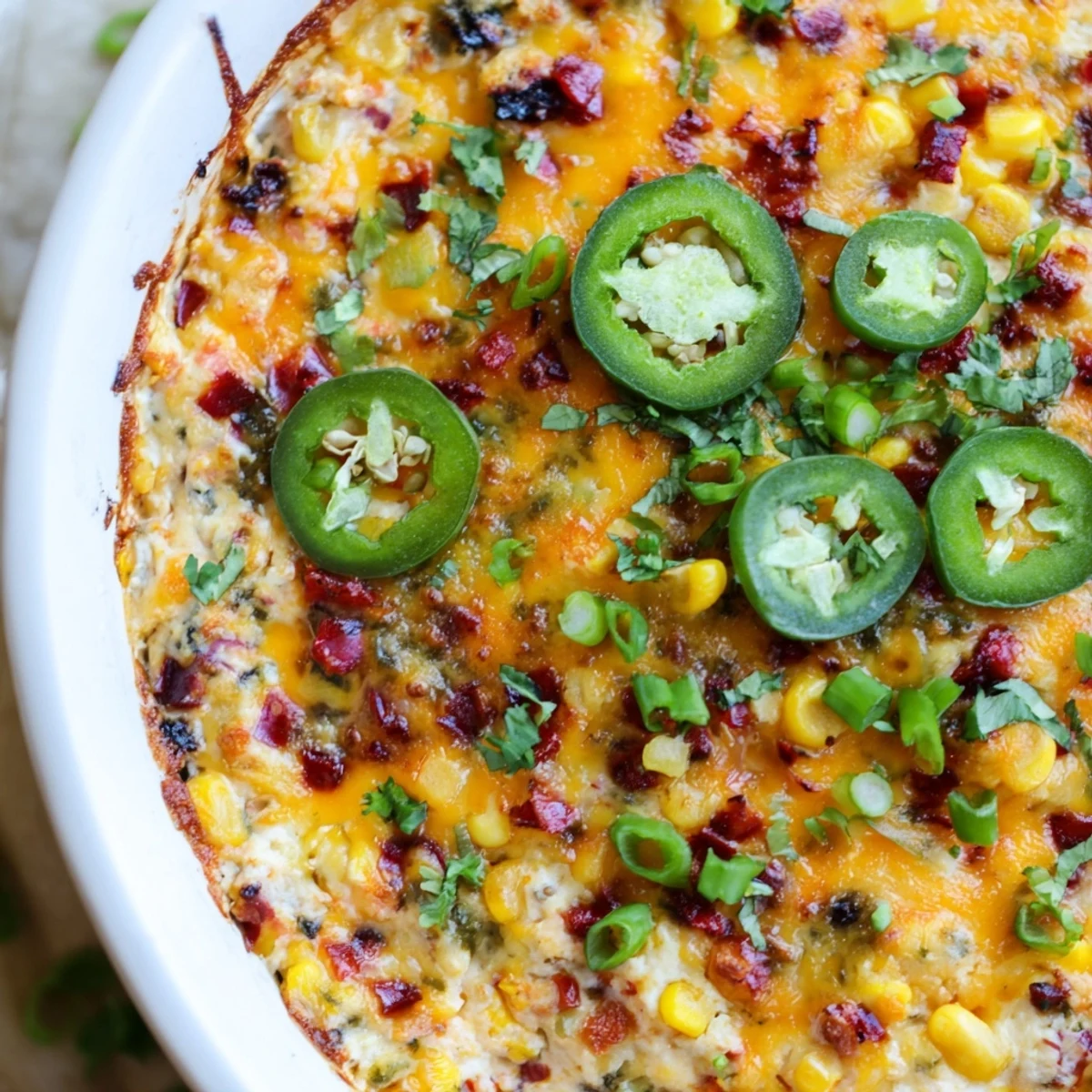 Golden melted spicy roasted jalapeno cowboy cream cheese dip topped with fresh cilantro and jalapeno slices