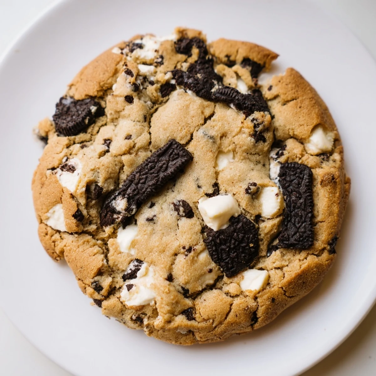 Soft cookies and cream cookie with white chocolate chips and crushed Oreo pieces on rustic board
