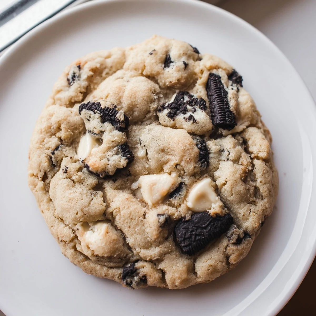 Chewy cookies and cream cookie fresh from oven with golden edges and melty white chocolate