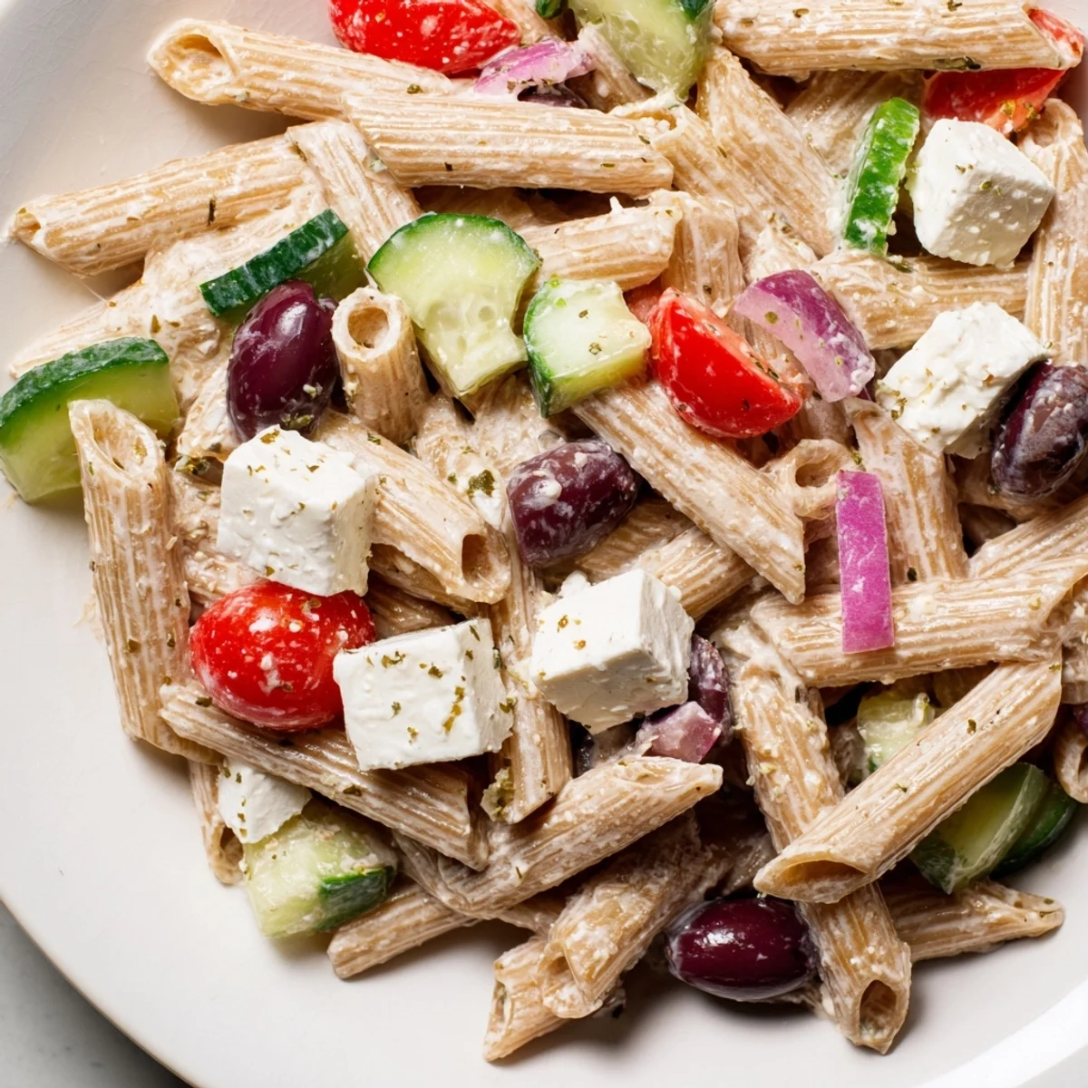Colorful High Protein Greek Pasta Salad loaded with crisp vegetables, tender chicken, and creamy feta cheese