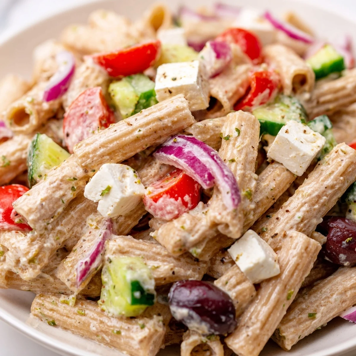 High Protein Greek Pasta Salad in a white bowl featuring ripe tomatoes, cucumber, and olives