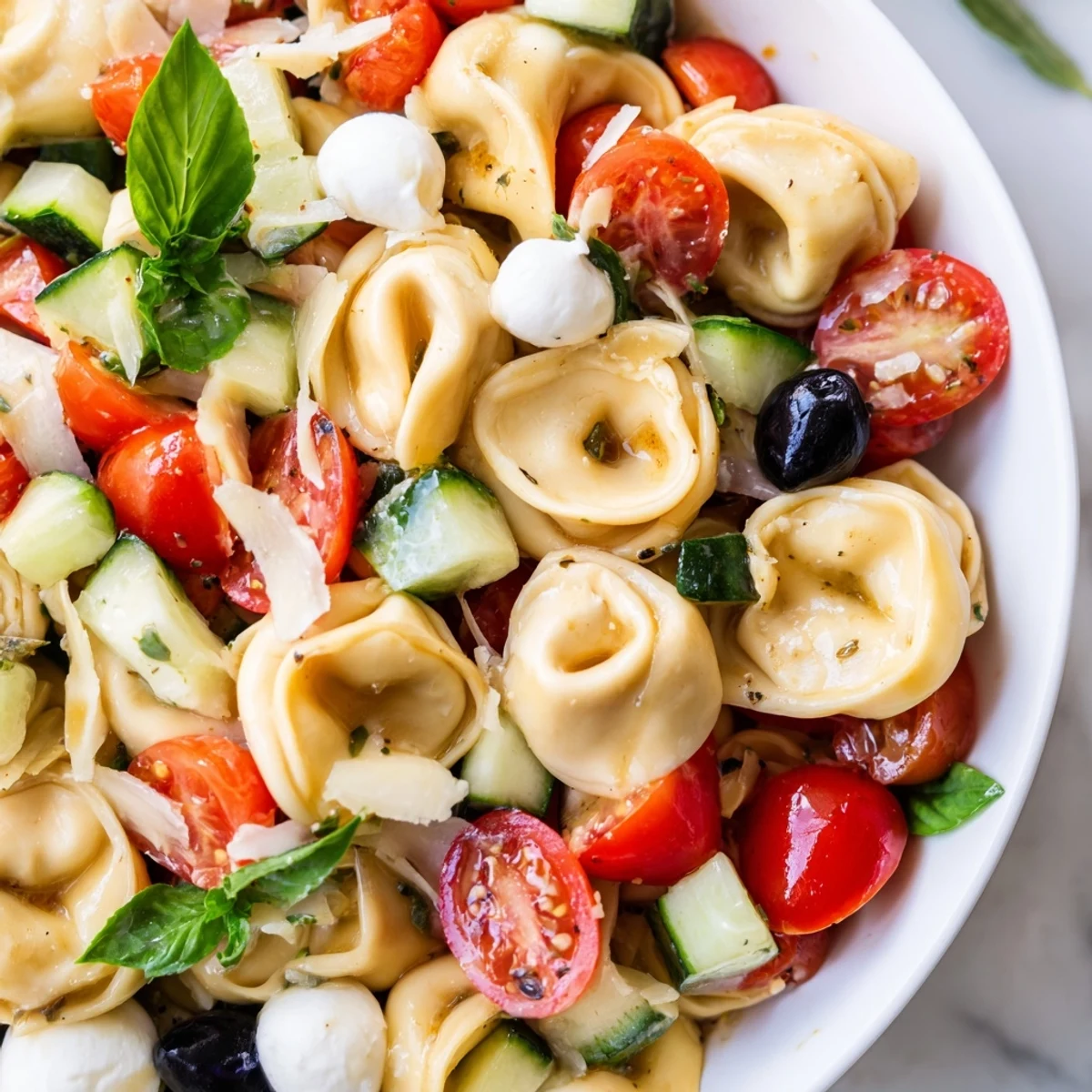 Colorful tortellini salad with cherry tomatoes, cucumber, and mozzarella in zesty Italian dressing