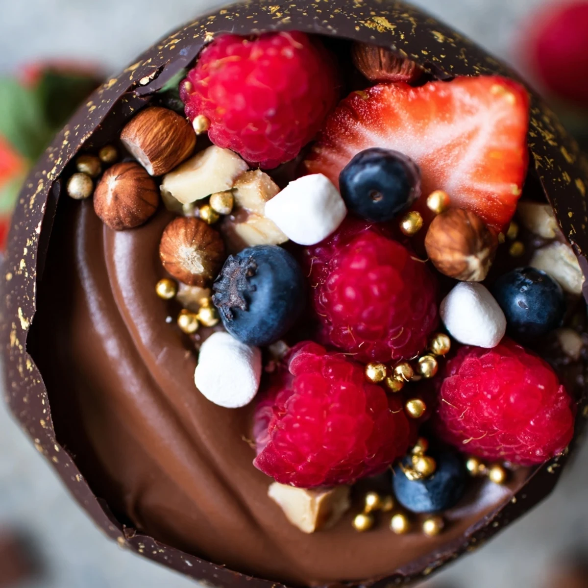 Chocolate grazing cups filled with fluffy mousse and topped with fresh berries and nuts
