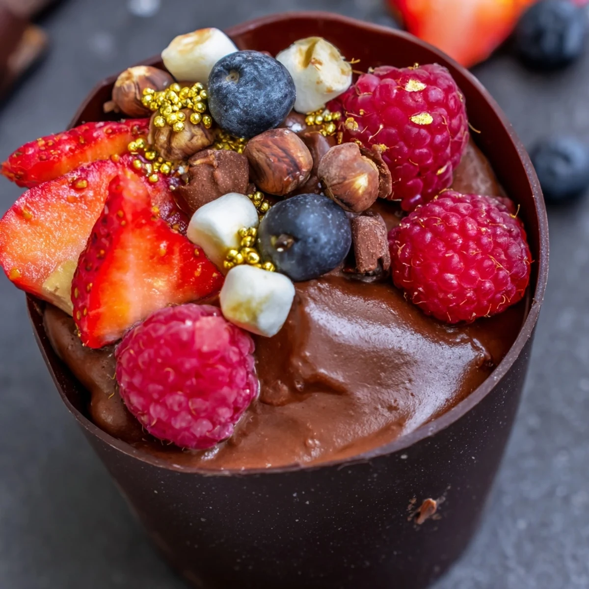 Dark chocolate grazing cups with creamy mousse and colorful berries on a dessert table