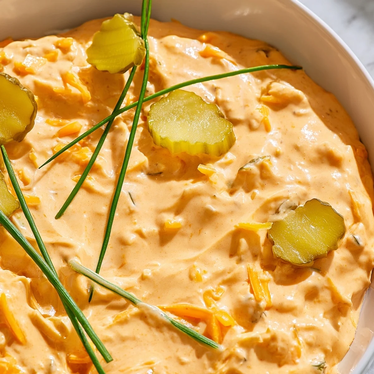 Creamy buffalo pickle dip served in a bowl with crunchy chips for game day snacking