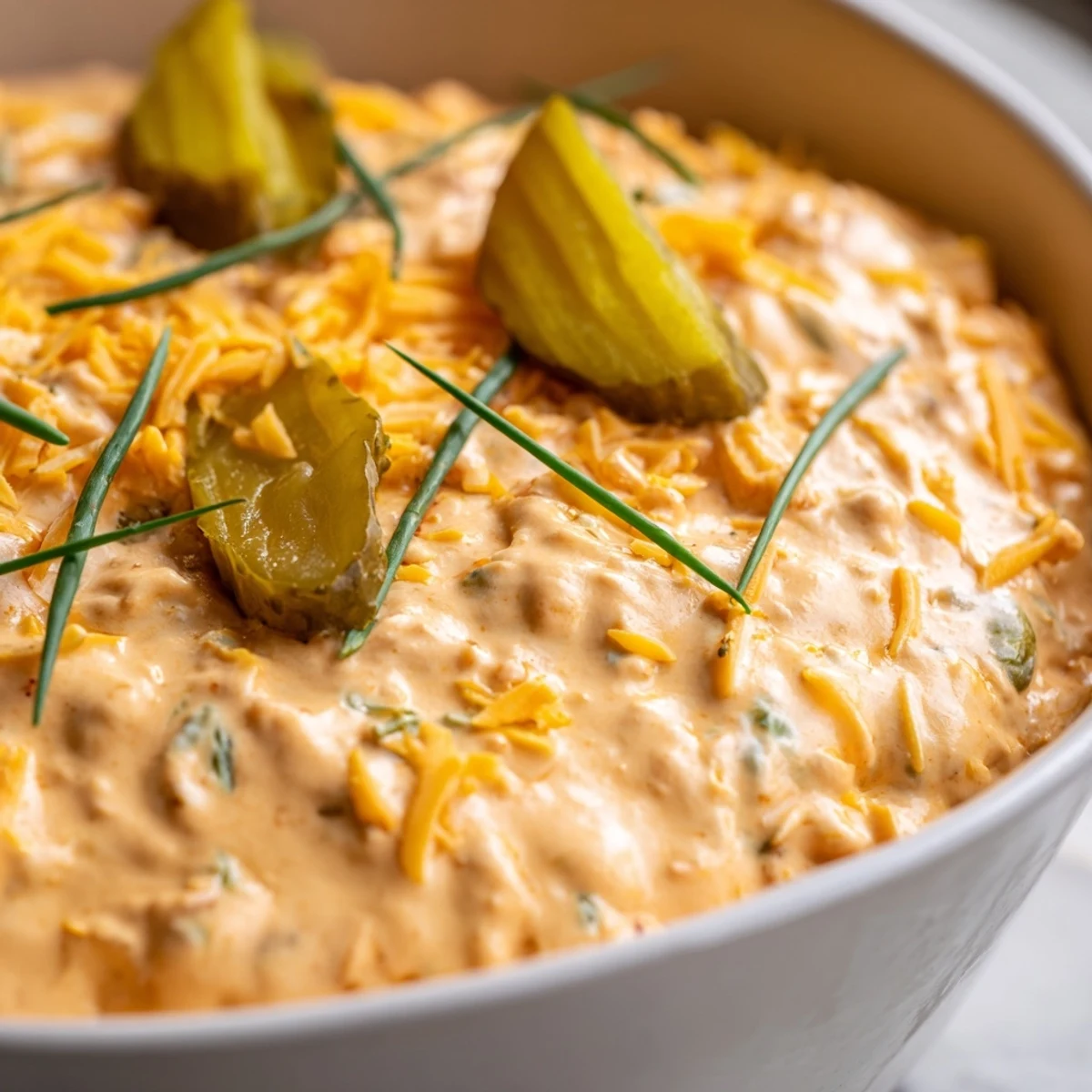 Tangy buffalo pickle dip topped with fresh chives and sliced pickles in rustic bowl