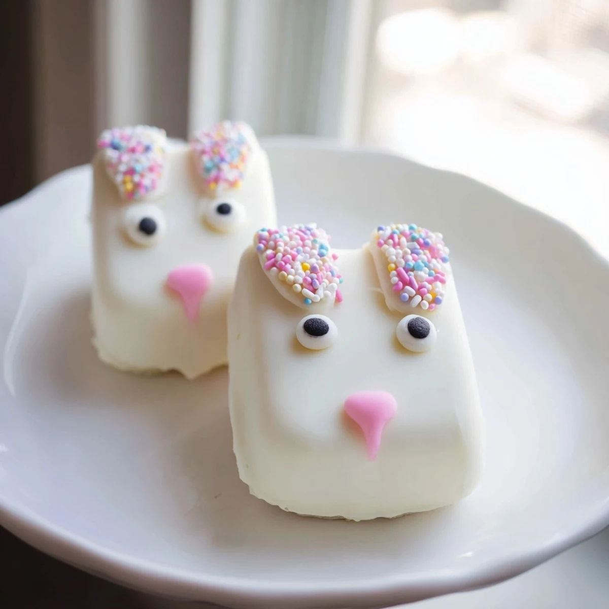 Adorable white chocolate bunny cakesicles decorated with candy eyes and pink fondant ears for Easter