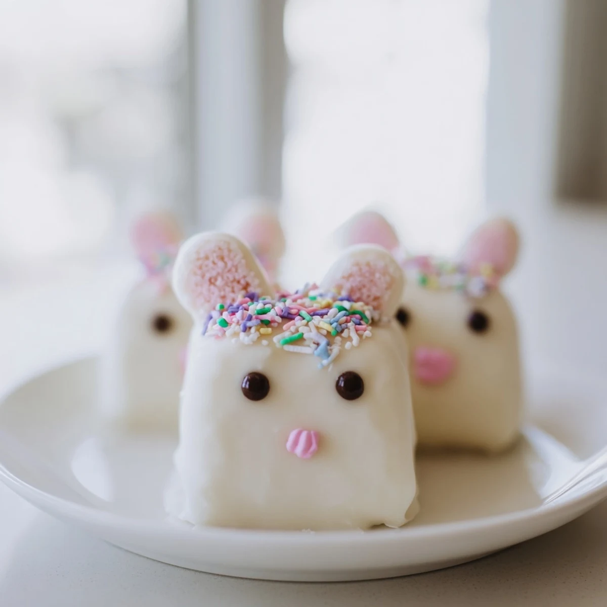 Creamy white chocolate bunny cakesicles on sticks feature cute sprinkle faces and smooth glossy coating