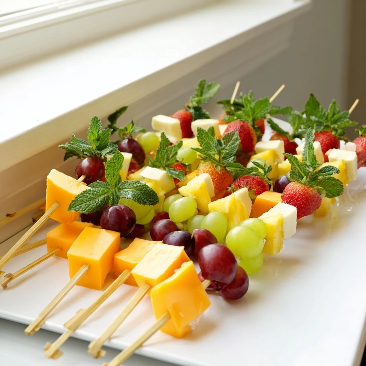 Colorful fruit and cheese kabobs arranged on platter with grapes strawberries and cheddar cubes