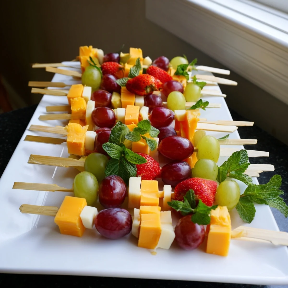 Fresh fruit and cheese kabobs featuring pineapple strawberries Monterey Jack and grapes on skewers