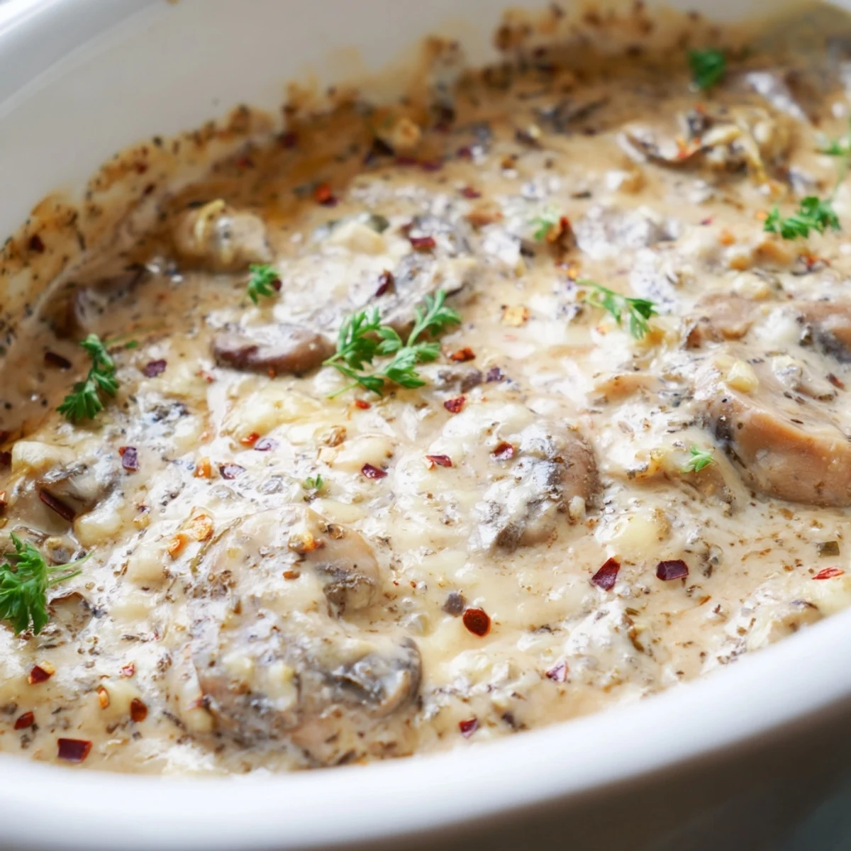 Creamy stuffed mushroom dip bubbling with melted cheese in a golden cast iron skillet