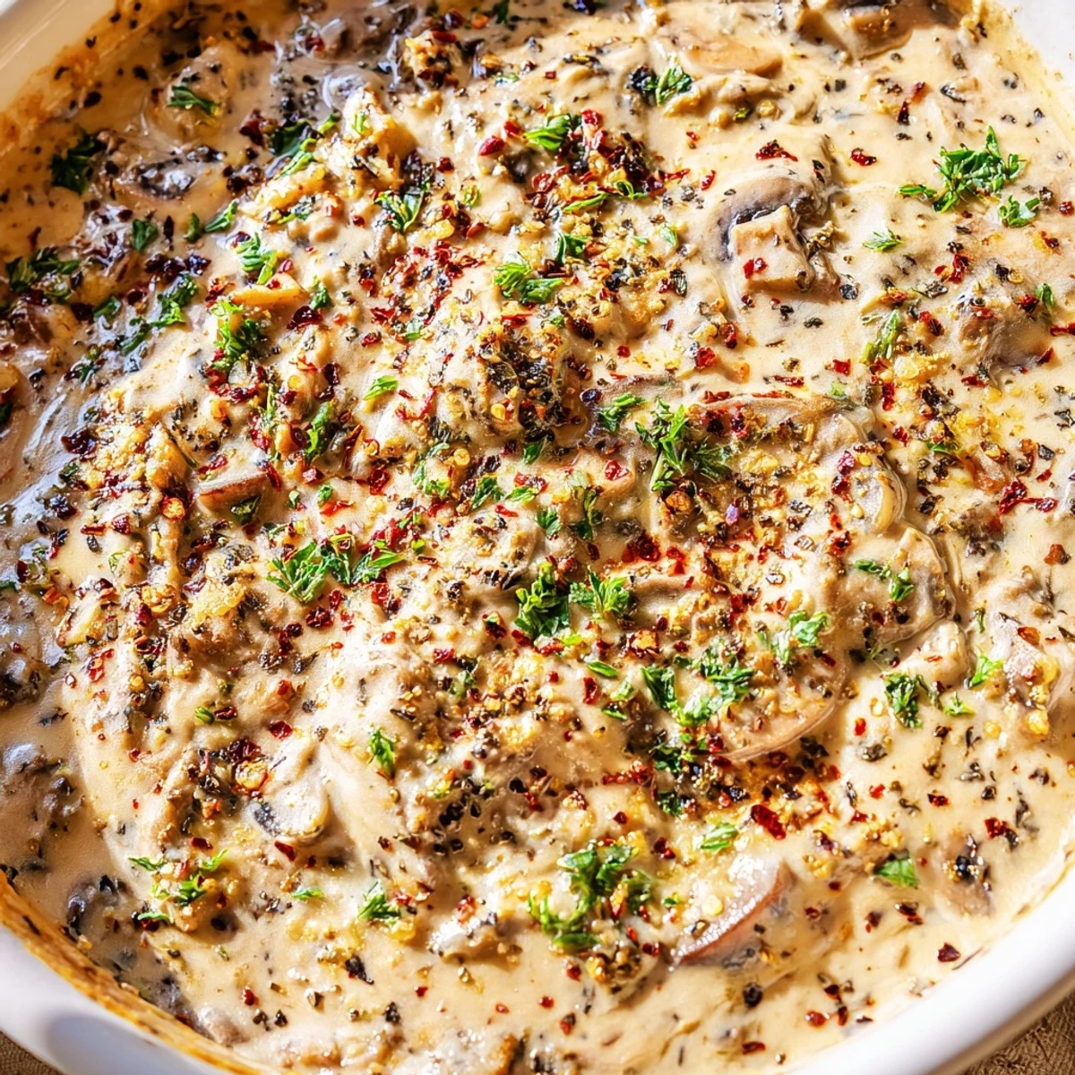 Warm stuffed mushroom dip served with crispy baguette slices and fresh crackers