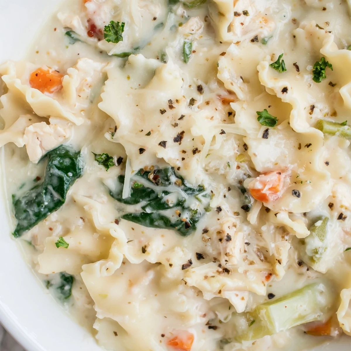 Creamy Italian white lasagna soup in a white bowl garnished with fresh parsley and Parmesan cheese