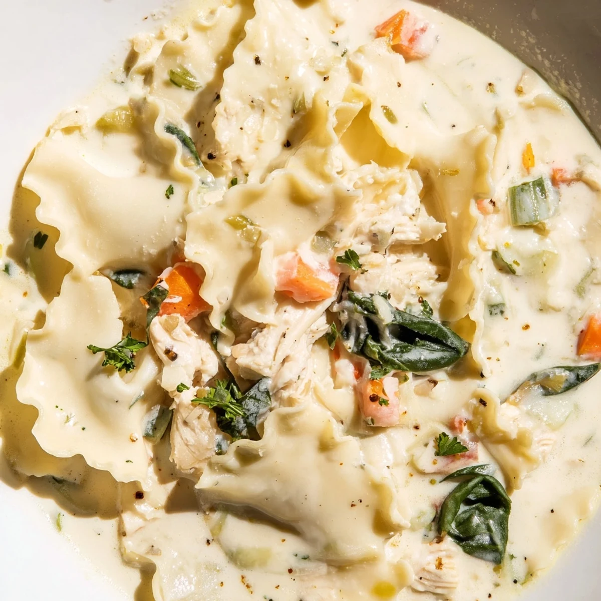 Steaming bowl of Italian white lasagna soup featuring tender chicken and broken lasagna noodles