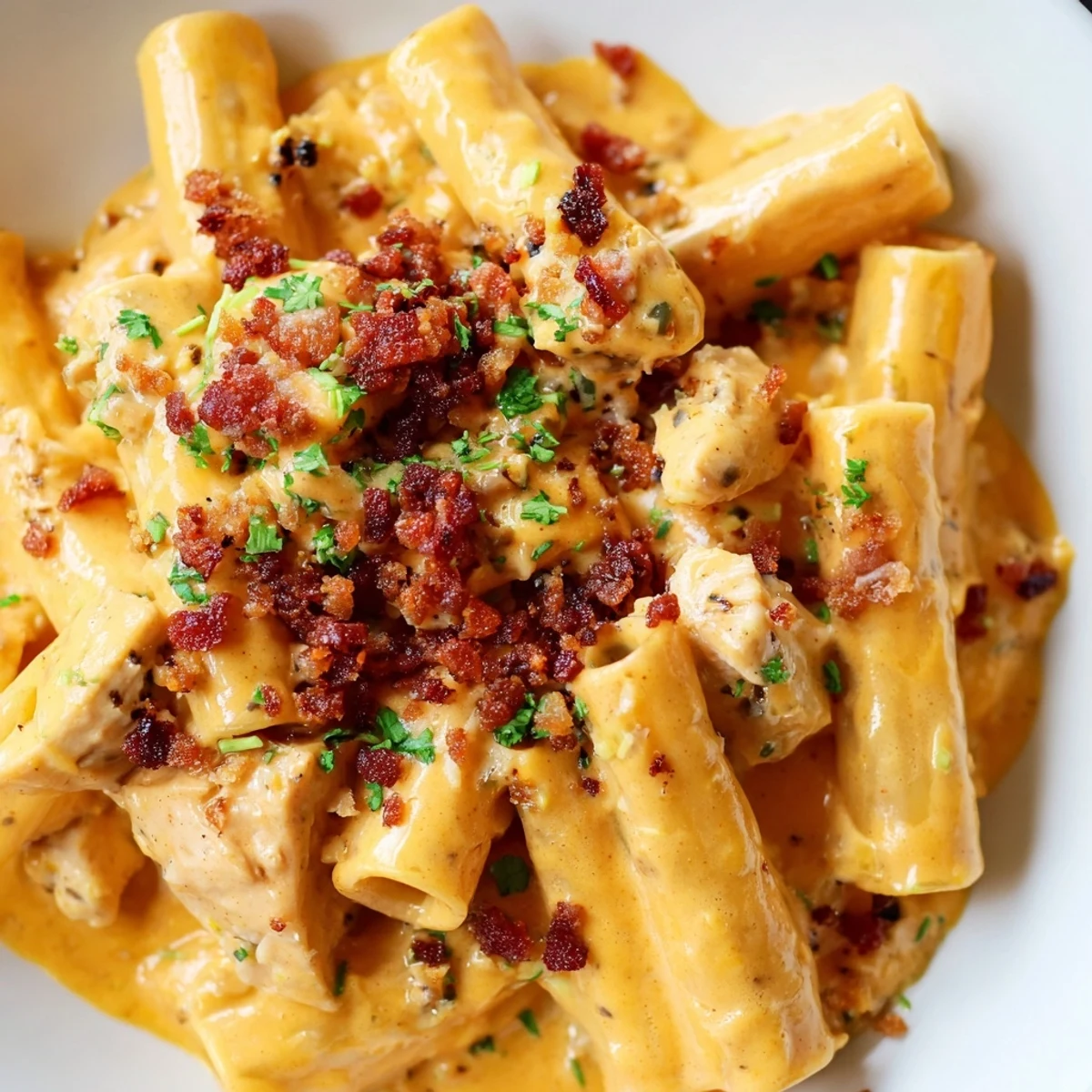Creamy crack chicken pasta topped with crispy bacon and fresh green herbs in white bowl