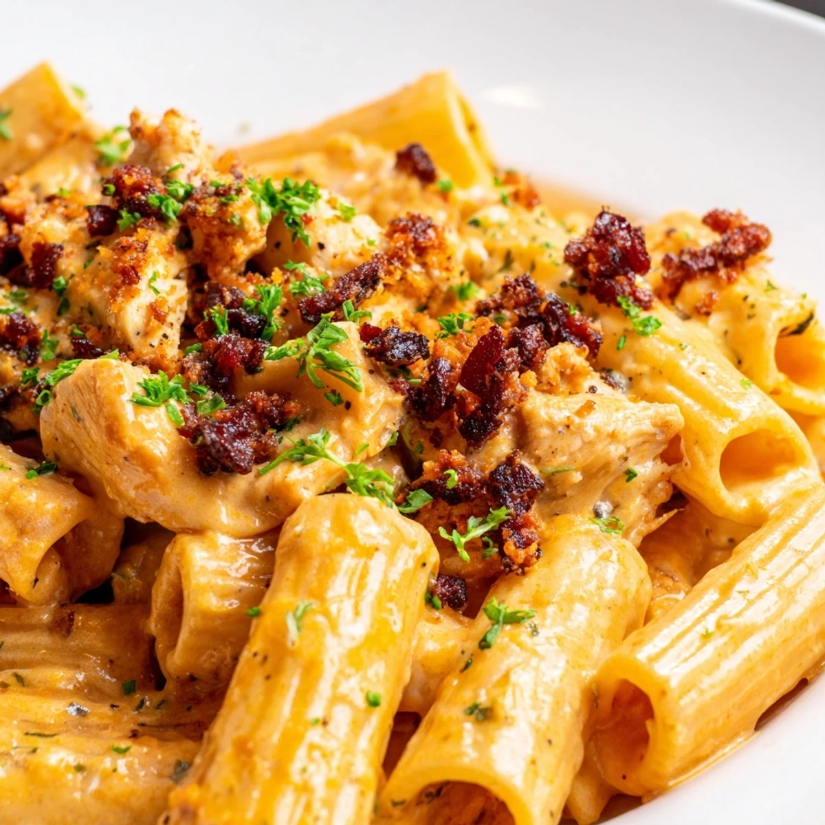 Golden tender chicken pieces coated in rich crack chicken pasta sauce with melted cheddar cheese