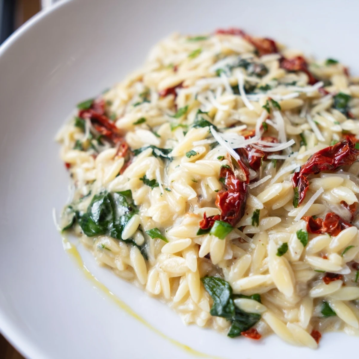 Creamy Tuscan orzo in a rustic skillet with vibrant spinach and sun-dried tomatoes