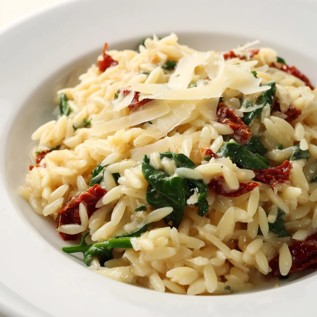 Steaming bowl of Creamy Tuscan orzo topped with fresh basil and Parmesan