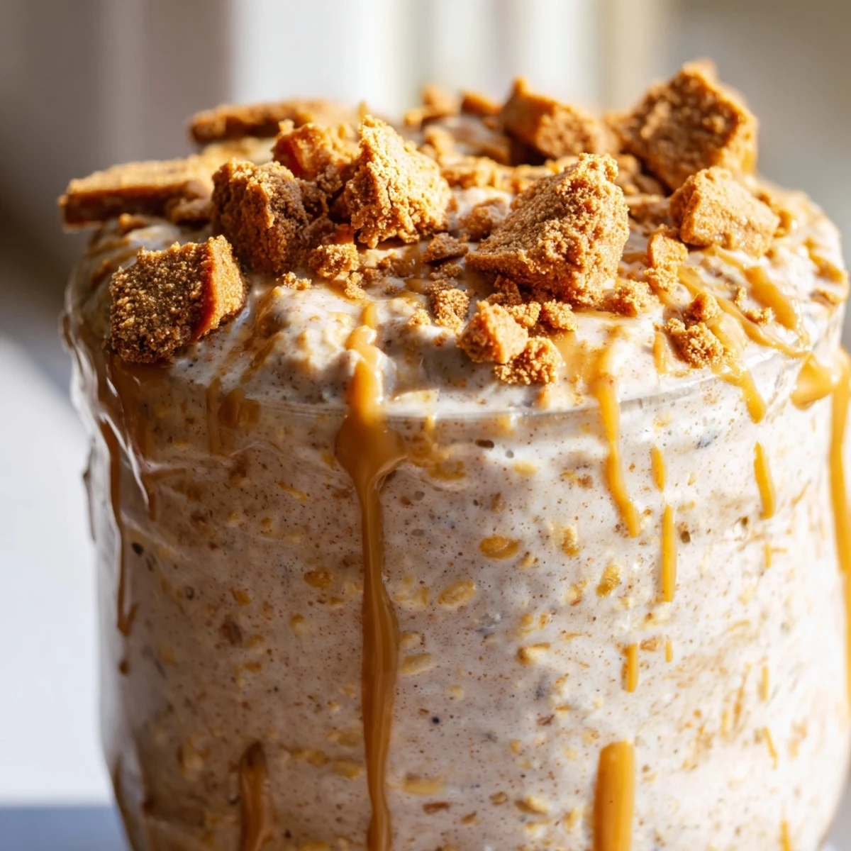 Creamy Biscoff overnight oats topped with crushed cookie pieces in a glass jar