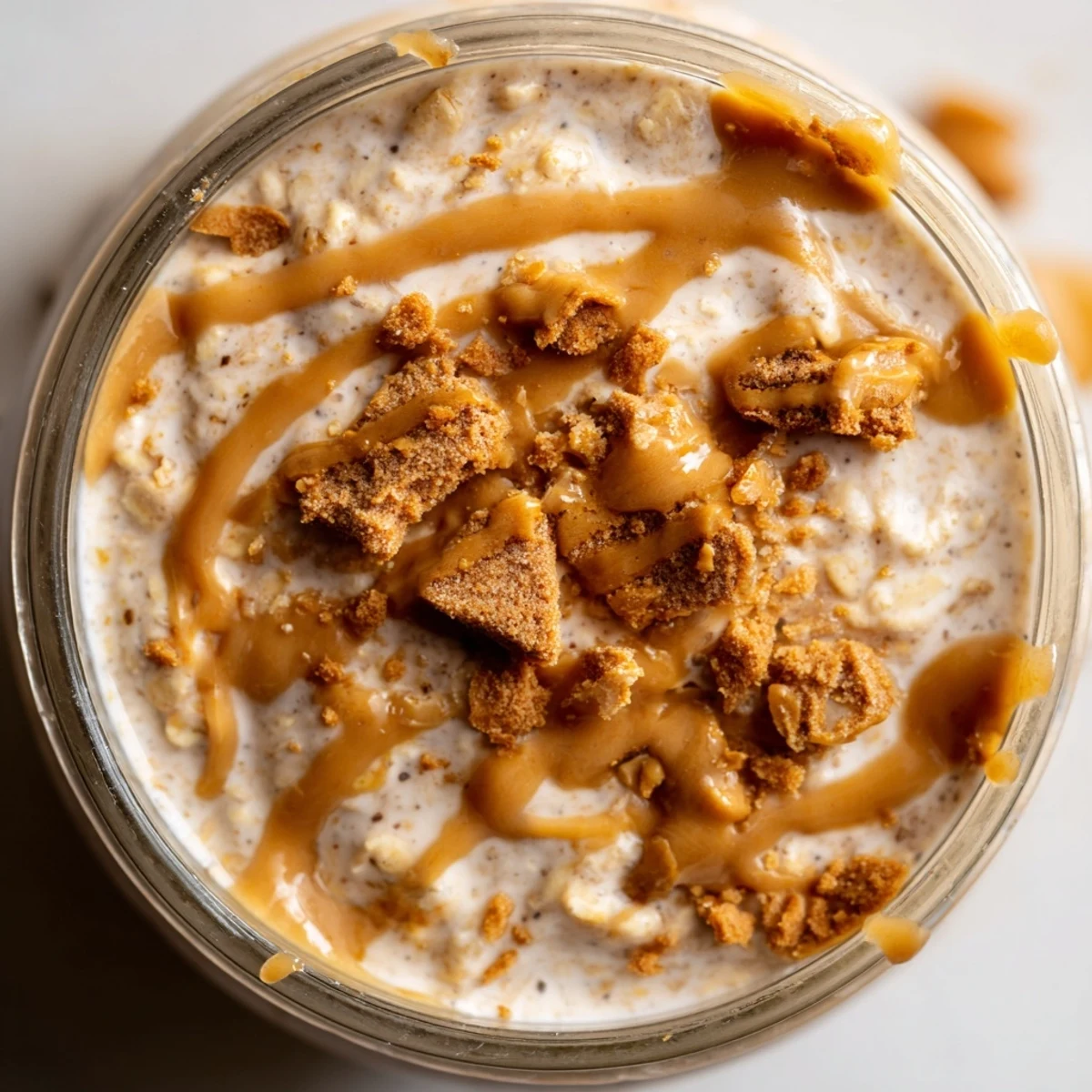 Quick Biscoff overnight oats drizzled with melted caramel spread and crunchy crumbs