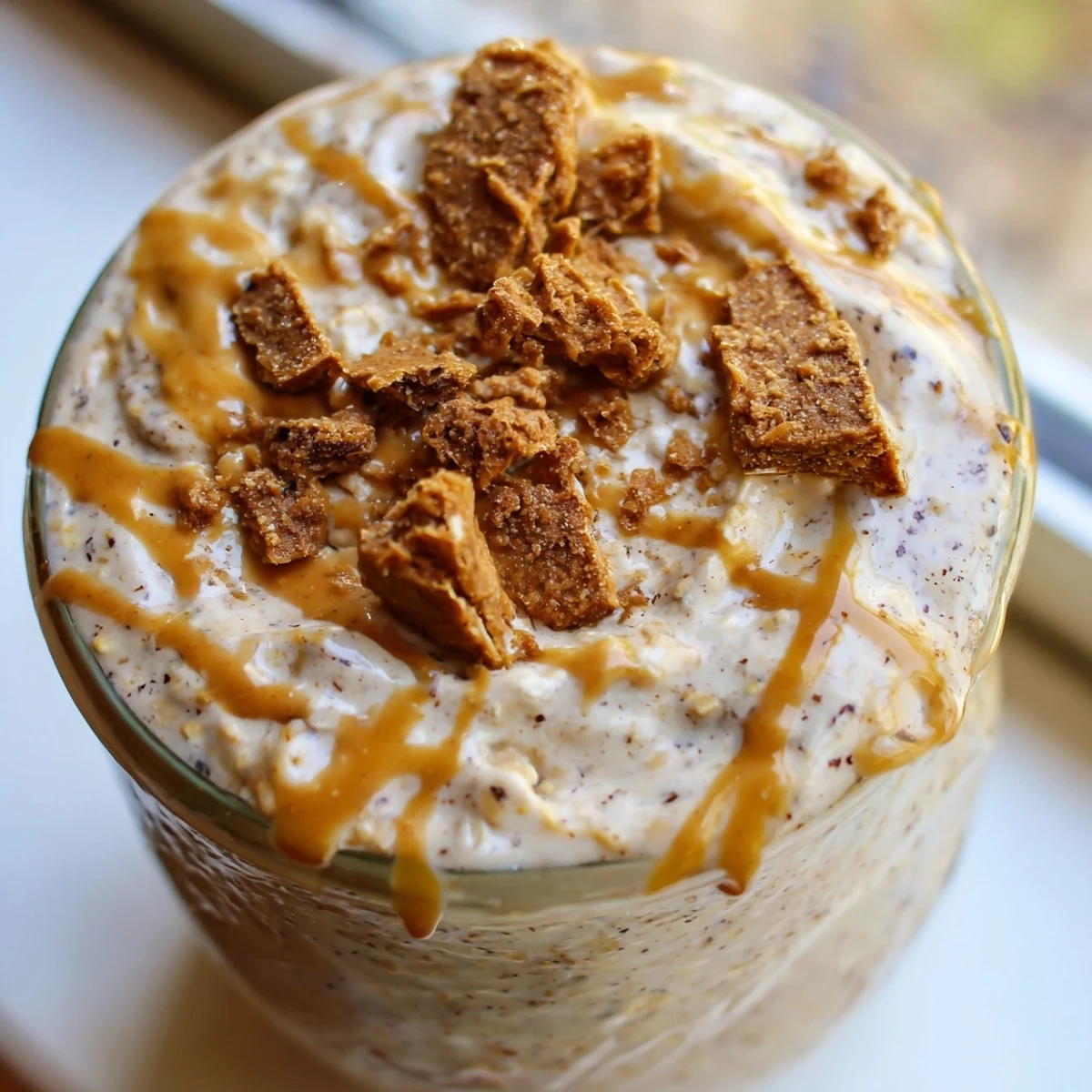 Biscoff overnight oats served chilled with a swirl of speculoos and fresh banana