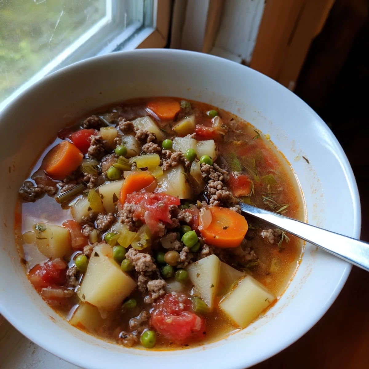 Steaming bowl of ground beef and potato soup with tender chunks and rich broth