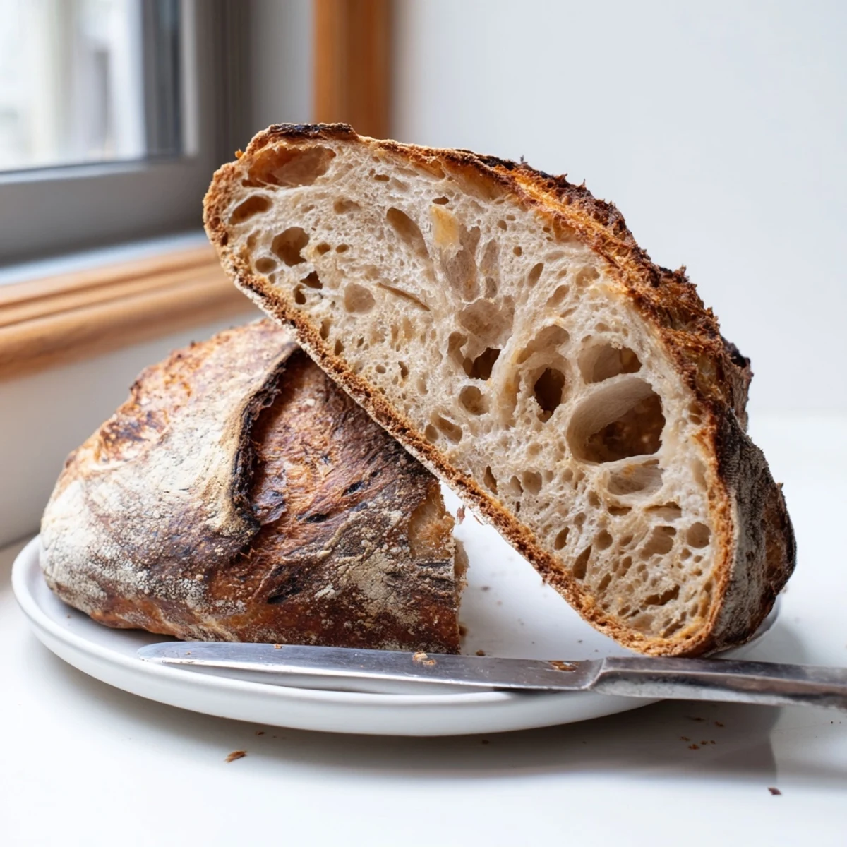 Golden crusty sourdough bread fresh from the Dutch oven with artisan scoring marks